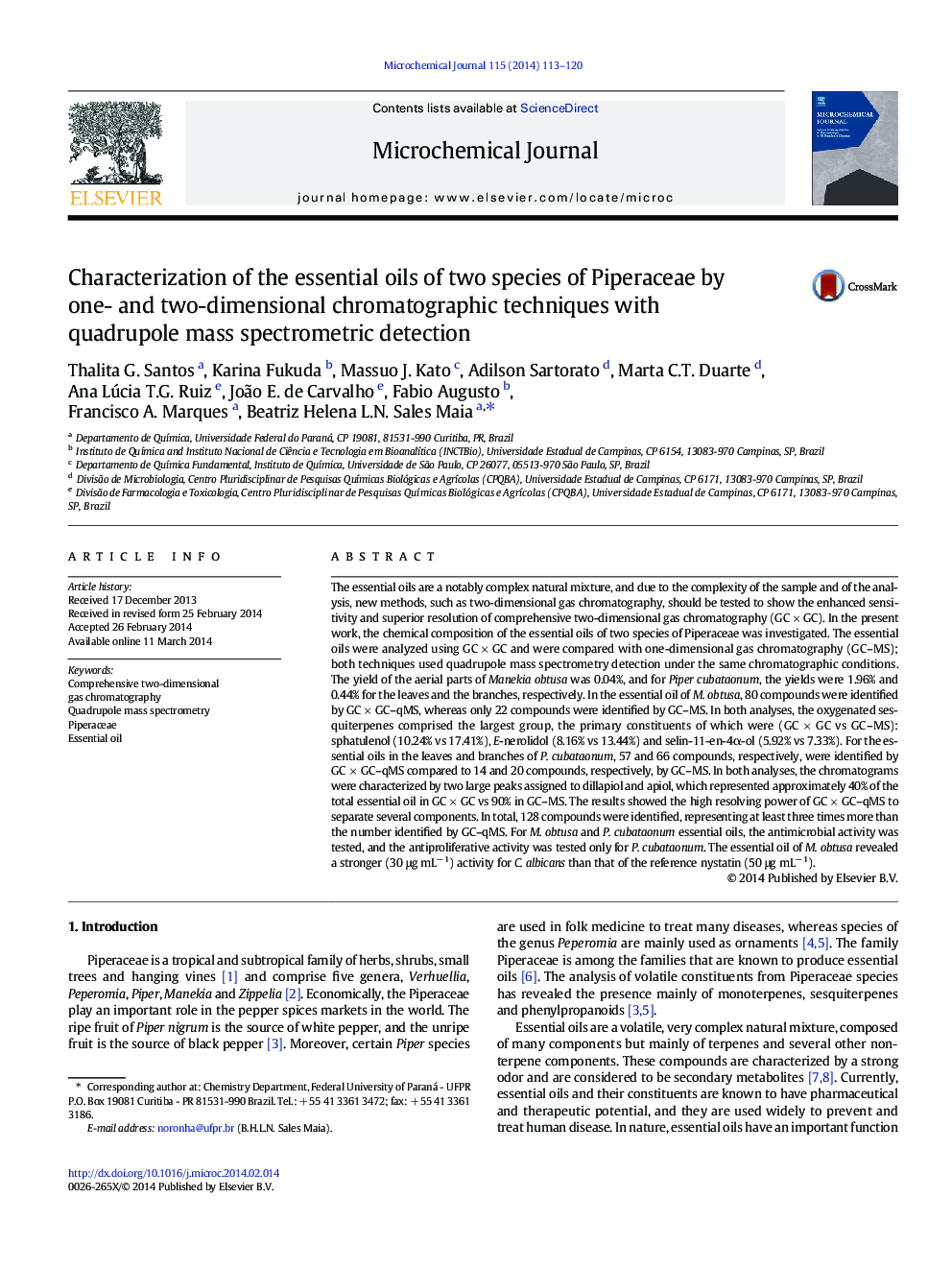 Characterization of the essential oils of two species of Piperaceae by one- and two-dimensional chromatographic techniques with quadrupole mass spectrometric detection