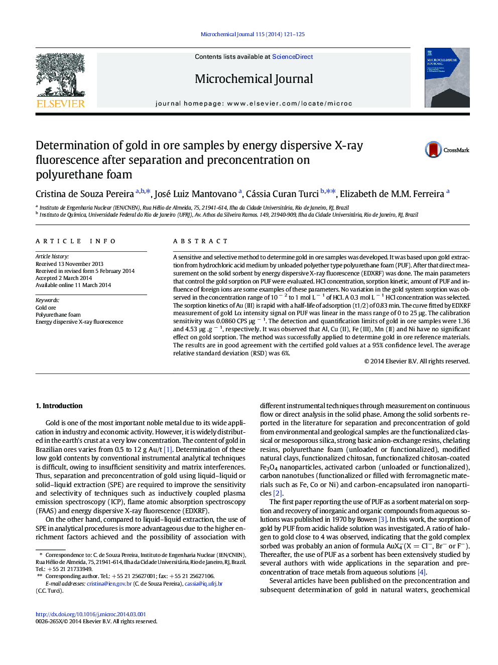 Determination of gold in ore samples by energy dispersive X-ray fluorescence after separation and preconcentration on polyurethane foam