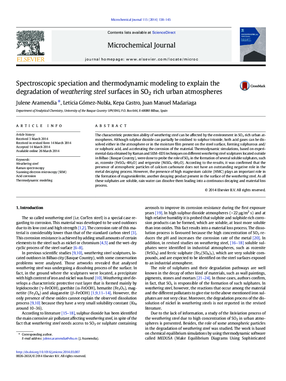 Spectroscopic speciation and thermodynamic modeling to explain the degradation of weathering steel surfaces in SO2 rich urban atmospheres