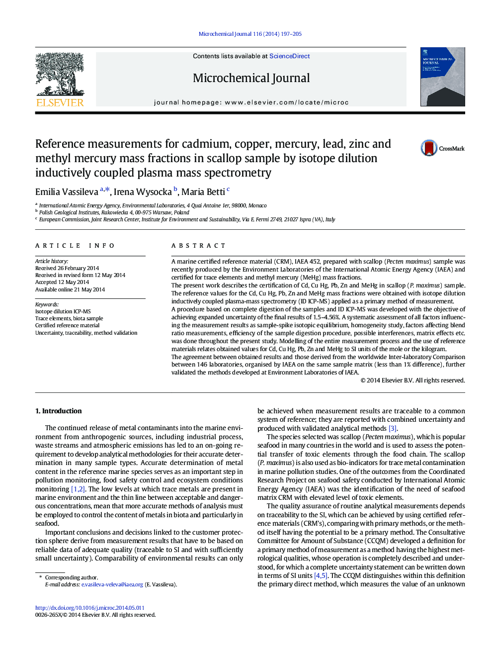 Reference measurements for cadmium, copper, mercury, lead, zinc and methyl mercury mass fractions in scallop sample by isotope dilution inductively coupled plasma mass spectrometry