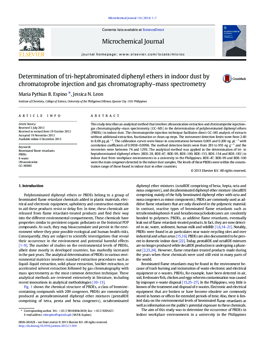 Determination of tri-heptabrominated diphenyl ethers in indoor dust by chromatoprobe injection and gas chromatography-mass spectrometry