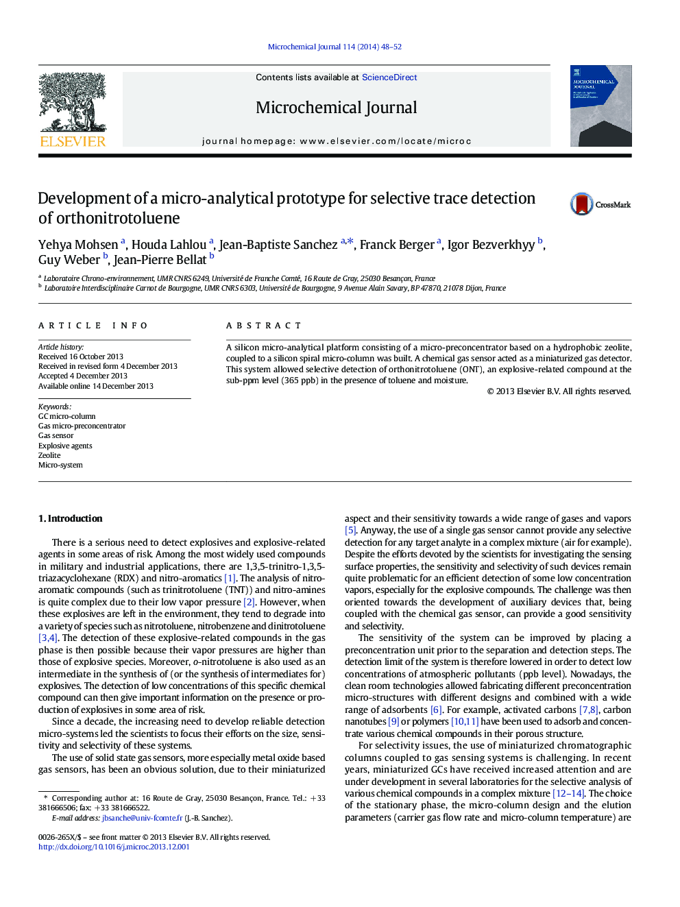 Development of a micro-analytical prototype for selective trace detection of orthonitrotoluene