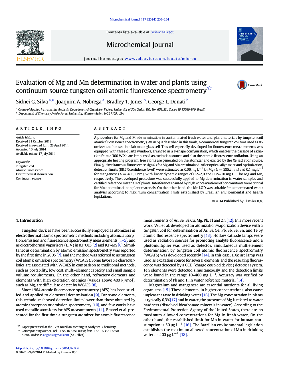 Evaluation of Mg and Mn determination in water and plants using continuum source tungsten coil atomic fluorescence spectrometry