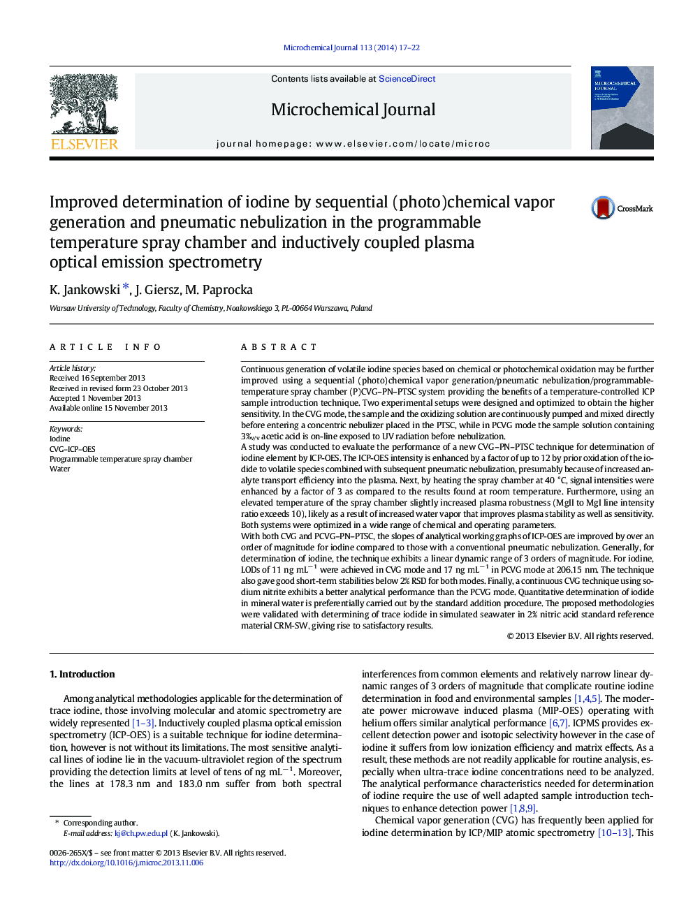 Improved determination of iodine by sequential (photo)chemical vapor generation and pneumatic nebulization in the programmable temperature spray chamber and inductively coupled plasma optical emission spectrometry