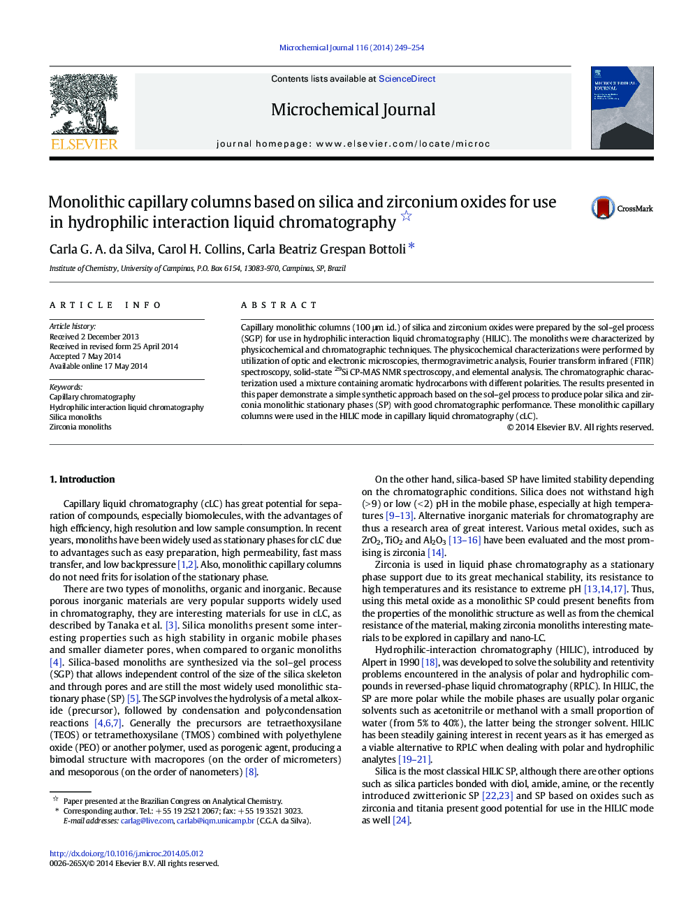 Monolithic capillary columns based on silica and zirconium oxides for use in hydrophilic interaction liquid chromatography