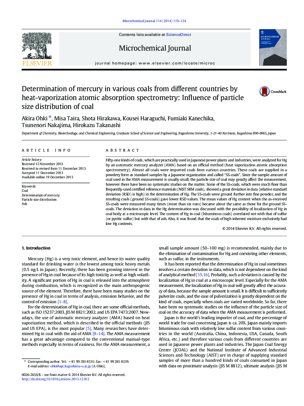 Determination of mercury in various coals from different countries by heat-vaporization atomic absorption spectrometry: Influence of particle size distribution of coal