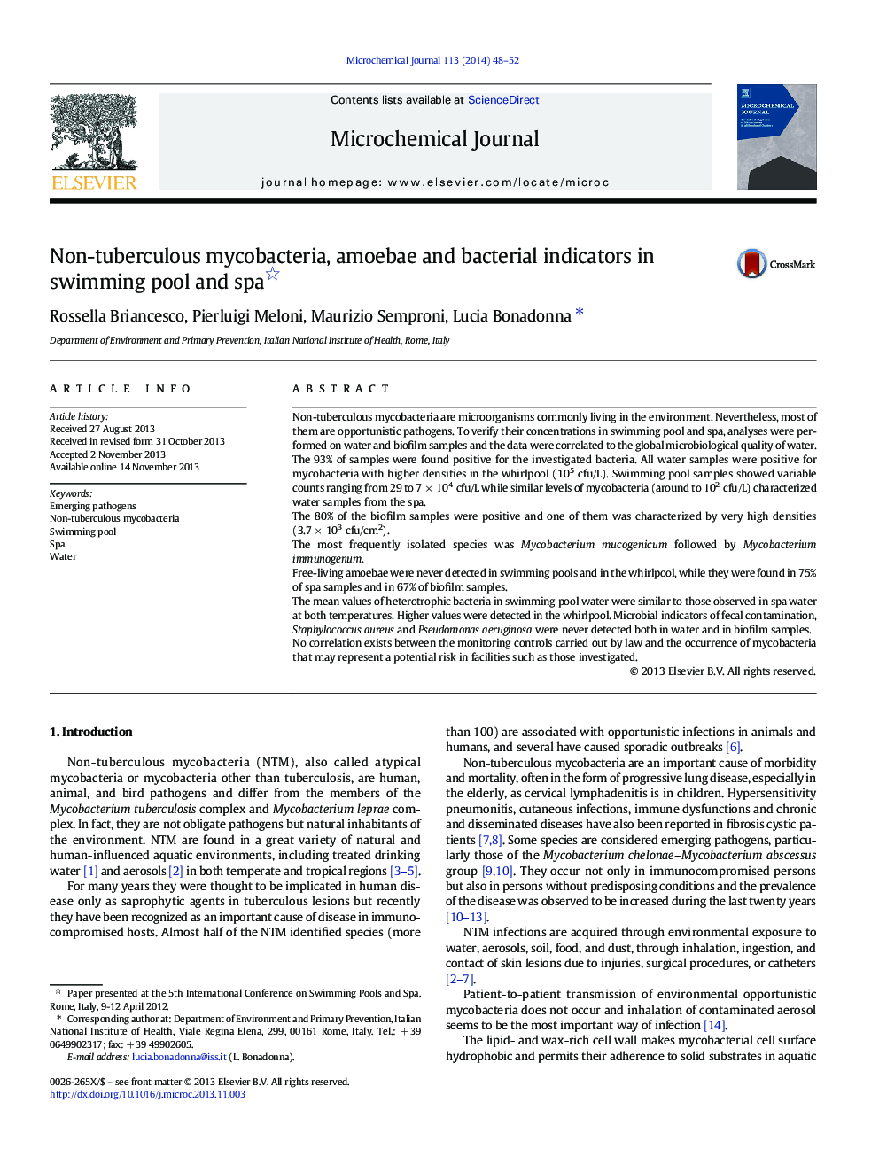 Non-tuberculous mycobacteria, amoebae and bacterial indicators in swimming pool and spa