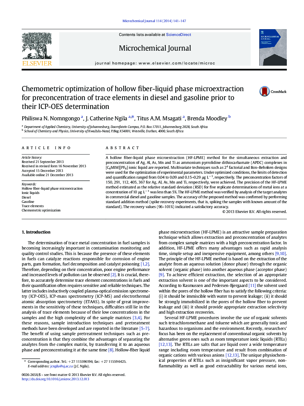 Chemometric optimization of hollow fiber-liquid phase microextraction for preconcentration of trace elements in diesel and gasoline prior to their ICP-OES determination