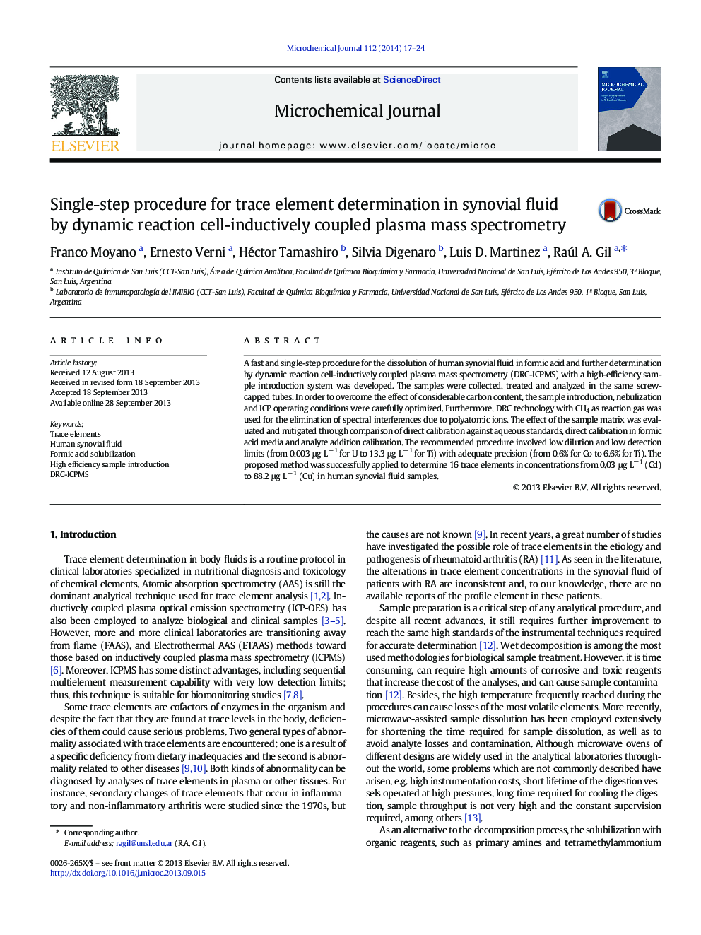 Single-step procedure for trace element determination in synovial fluid by dynamic reaction cell-inductively coupled plasma mass spectrometry