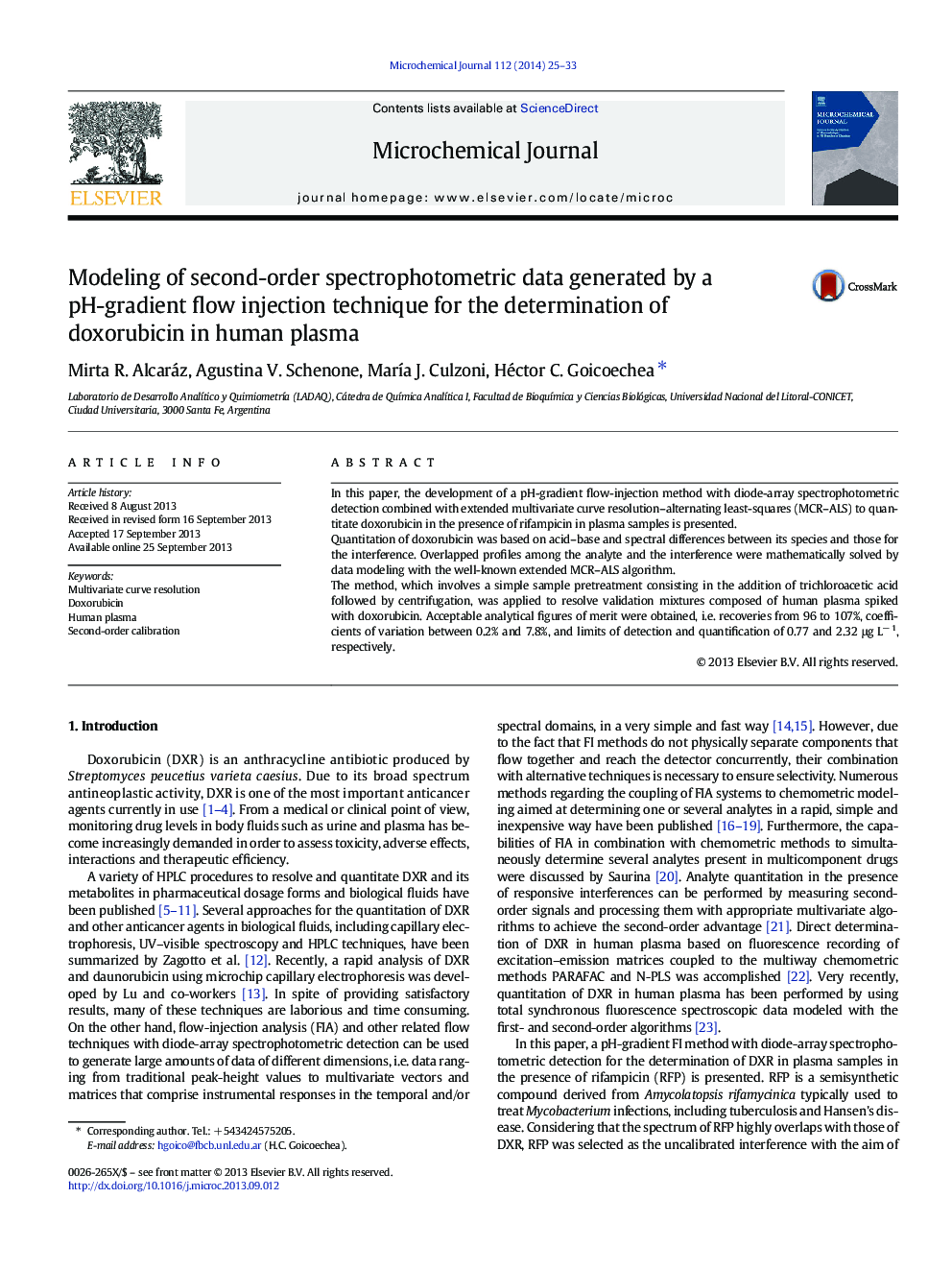 Modeling of second-order spectrophotometric data generated by a pH-gradient flow injection technique for the determination of doxorubicin in human plasma