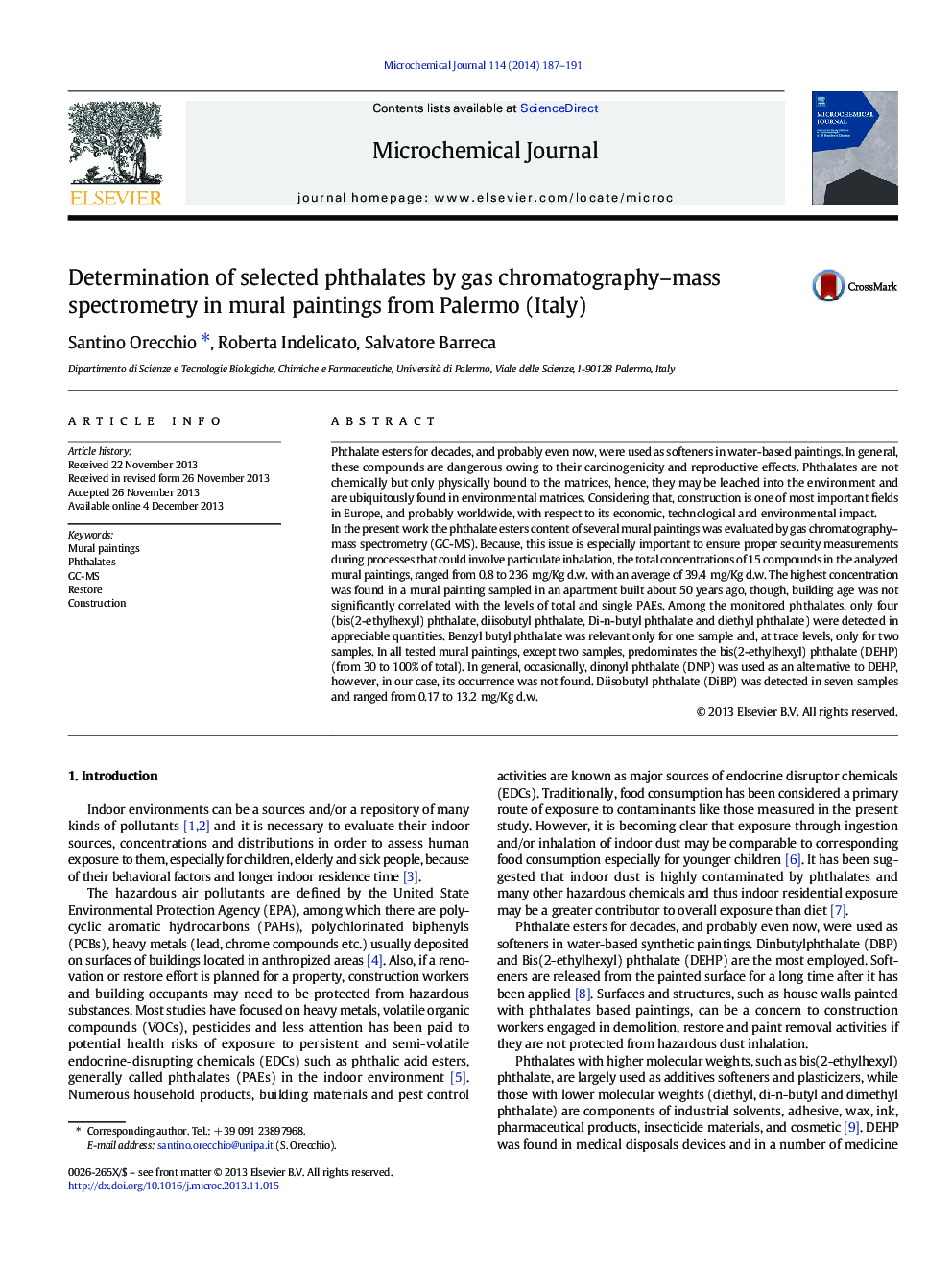 Determination of selected phthalates by gas chromatography-mass spectrometry in mural paintings from Palermo (Italy)