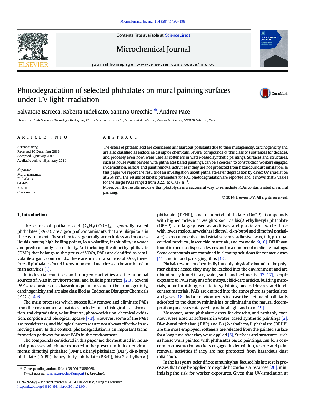 Photodegradation of selected phthalates on mural painting surfaces under UV light irradiation