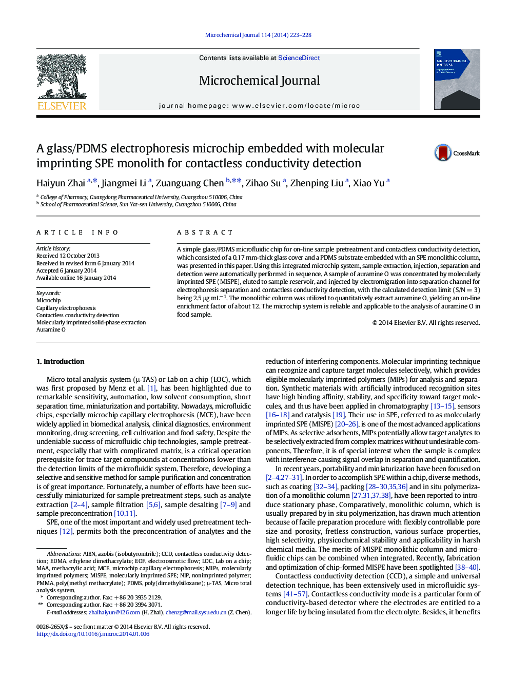 A glass/PDMS electrophoresis microchip embedded with molecular imprinting SPE monolith for contactless conductivity detection