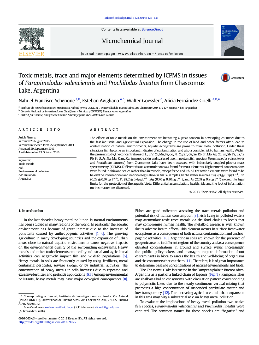 Toxic metals, trace and major elements determined by ICPMS in tissues of Parapimelodus valenciennis and Prochilodus lineatus from Chascomus Lake, Argentina