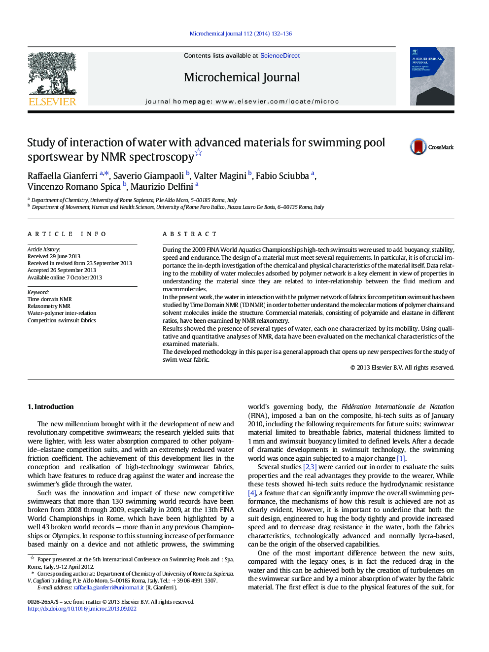 Study of interaction of water with advanced materials for swimming pool sportswear by NMR spectroscopy