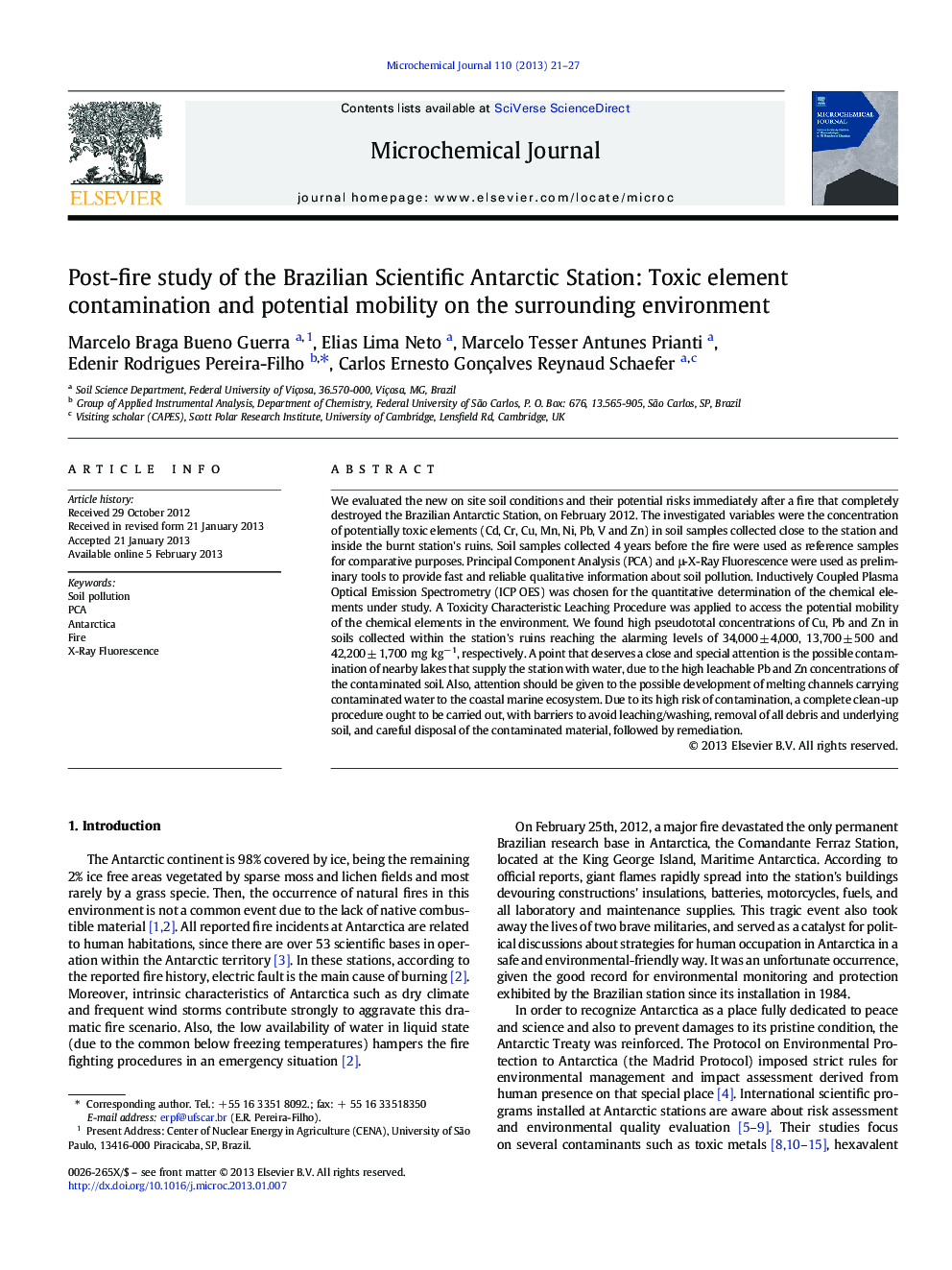 Post-fire study of the Brazilian Scientific Antarctic Station: Toxic element contamination and potential mobility on the surrounding environment