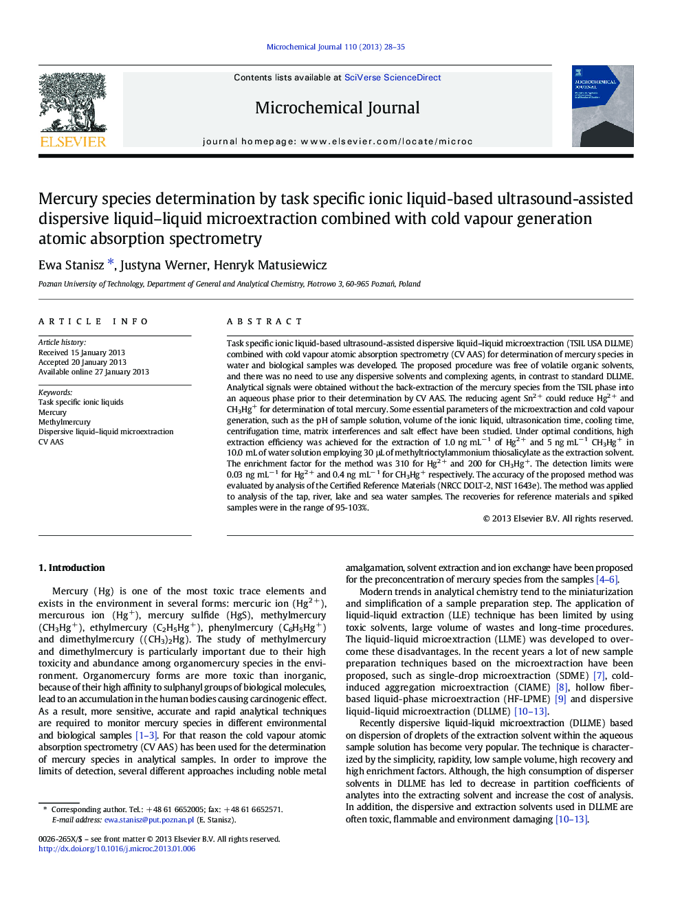 Mercury species determination by task specific ionic liquid-based ultrasound-assisted dispersive liquid-liquid microextraction combined with cold vapour generation atomic absorption spectrometry