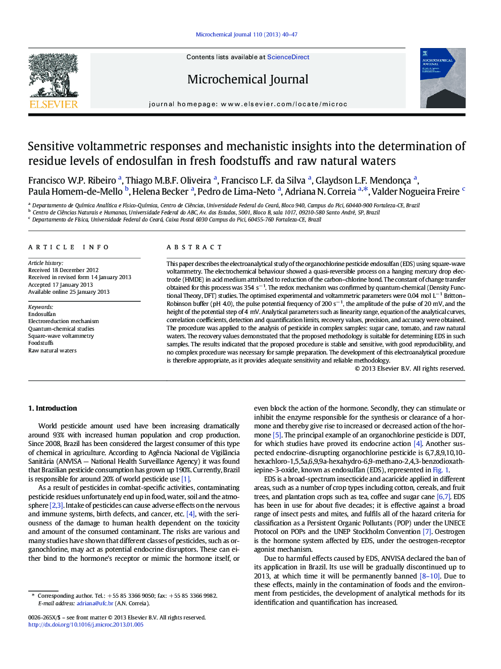 Sensitive voltammetric responses and mechanistic insights into the determination of residue levels of endosulfan in fresh foodstuffs and raw natural waters