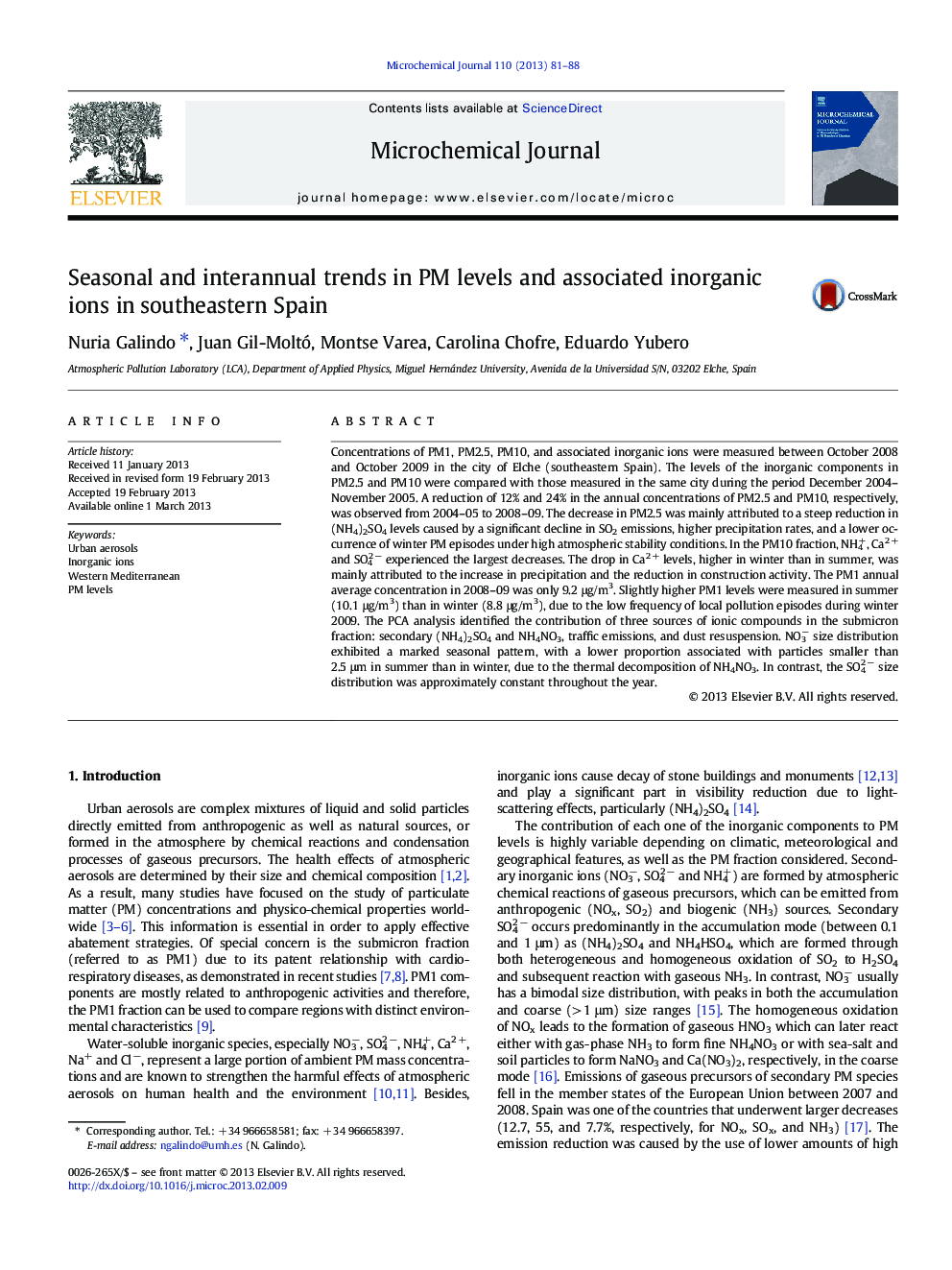 Seasonal and interannual trends in PM levels and associated inorganic ions in southeastern Spain