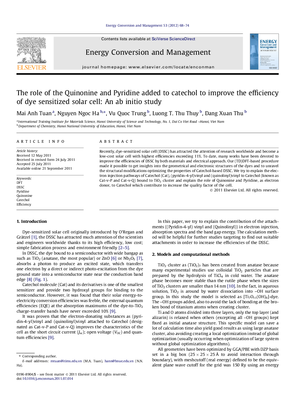 The role of the Quinonine and Pyridine added to catechol to improve the efficiency of dye sensitized solar cell: An ab initio study