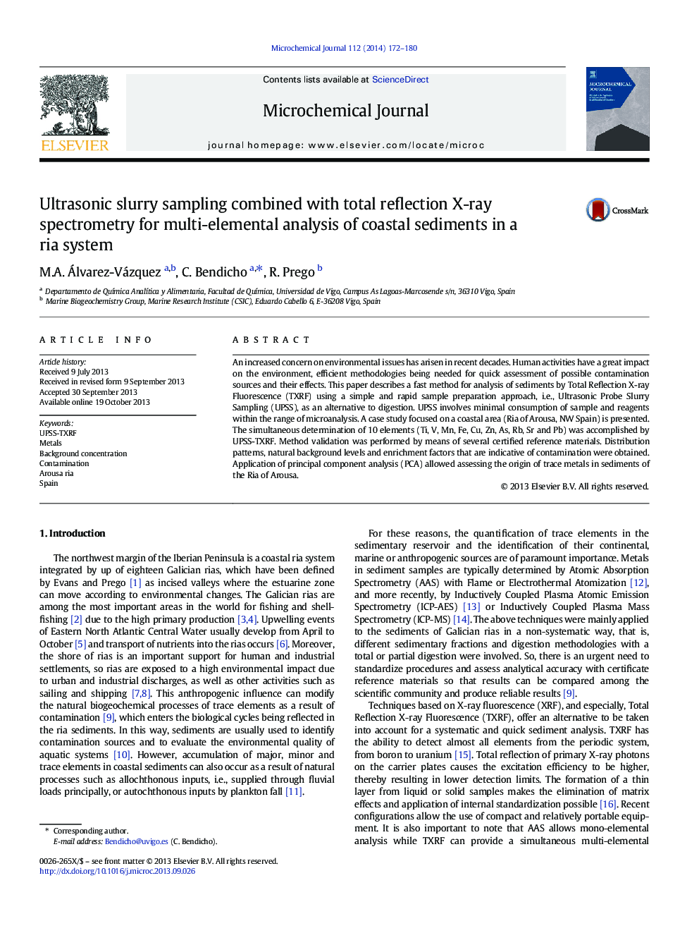 Ultrasonic slurry sampling combined with total reflection X-ray spectrometry for multi-elemental analysis of coastal sediments in a ria system