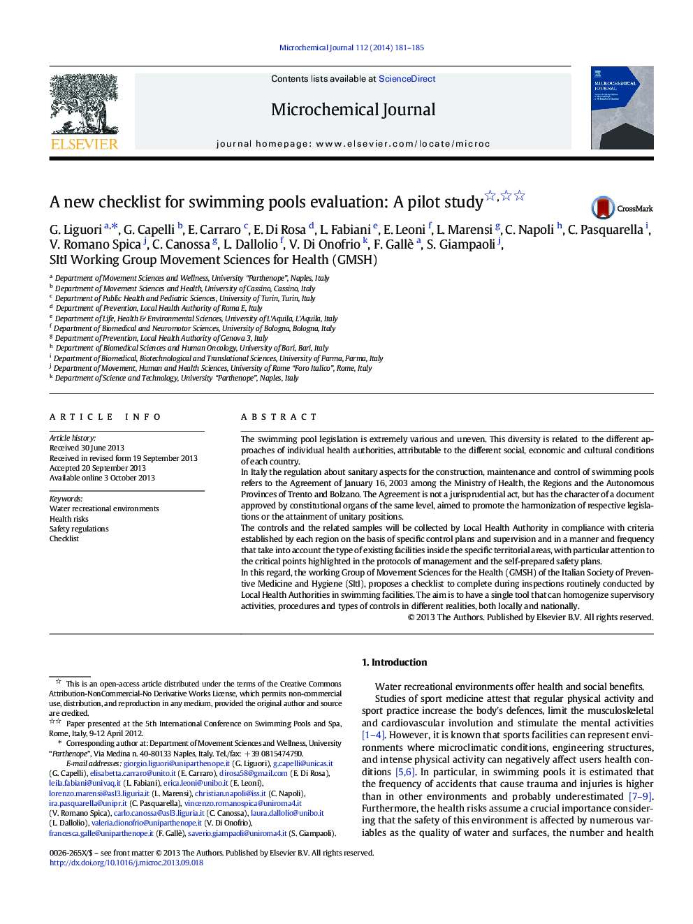 A new checklist for swimming pools evaluation: A pilot study