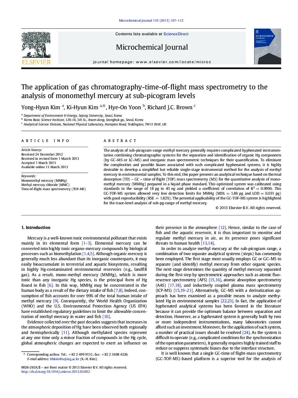 The application of gas chromatography-time-of-flight mass spectrometry to the analysis of monomethyl mercury at sub-picogram levels