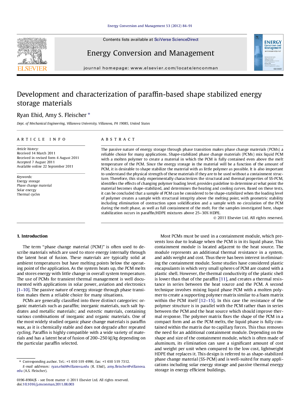 Development and characterization of paraffin-based shape stabilized energy storage materials