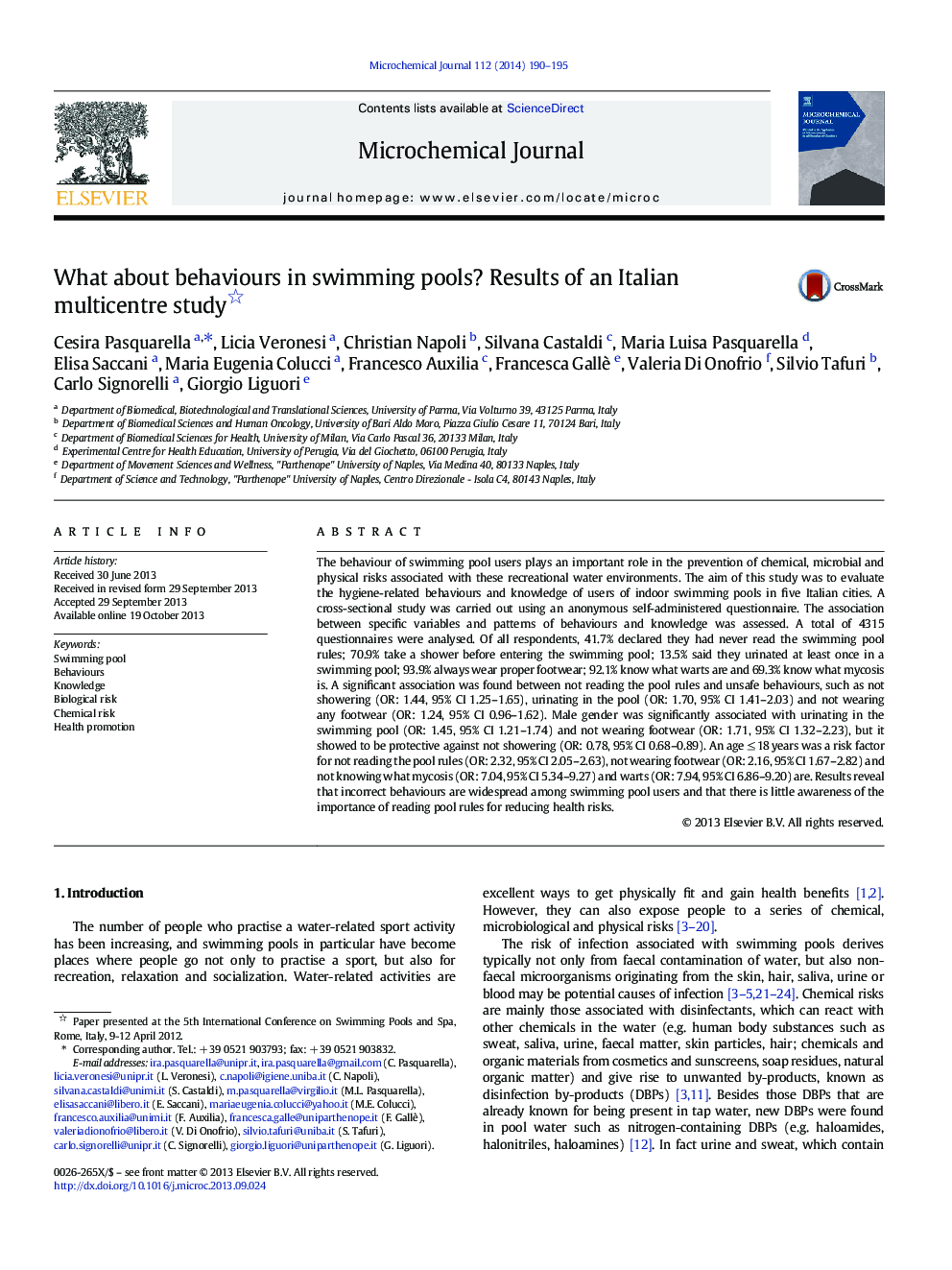 What about behaviours in swimming pools? Results of an Italian multicentre study