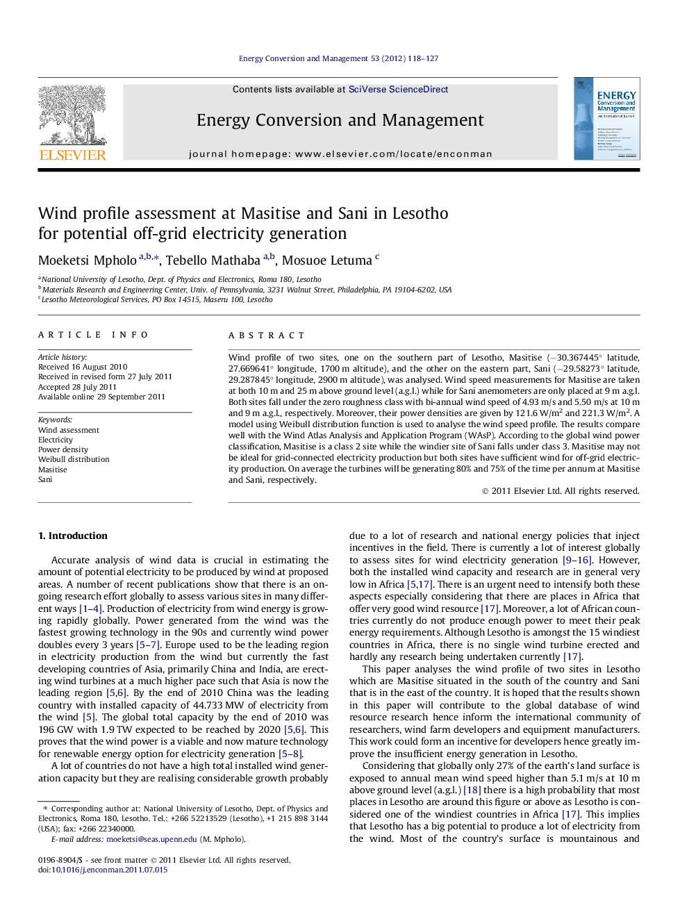 Wind profile assessment at Masitise and Sani in Lesotho for potential off-grid electricity generation