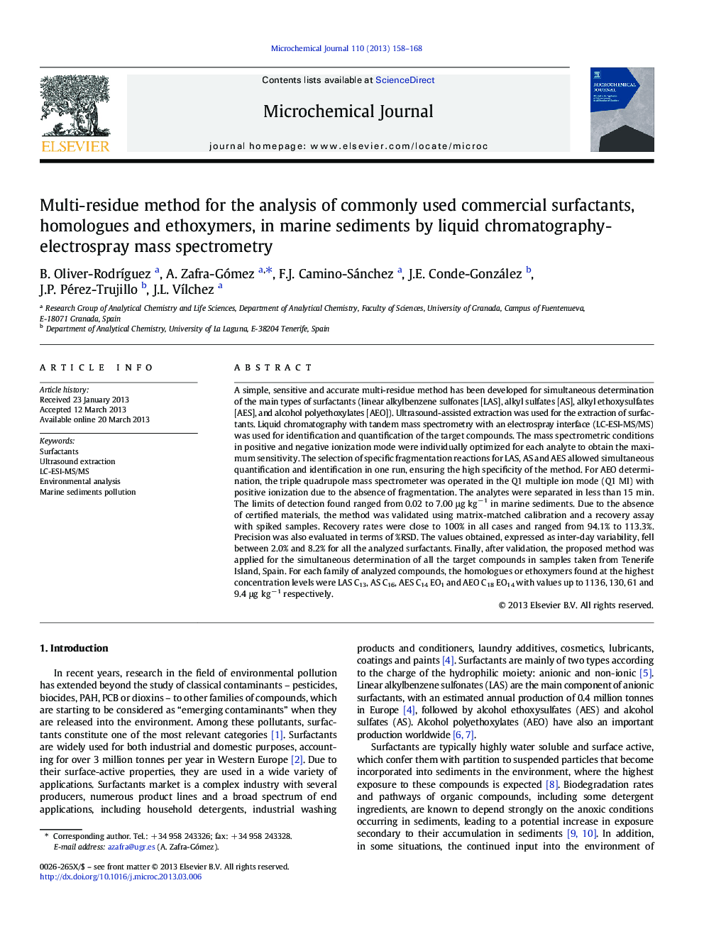 Multi-residue method for the analysis of commonly used commercial surfactants, homologues and ethoxymers, in marine sediments by liquid chromatography-electrospray mass spectrometry