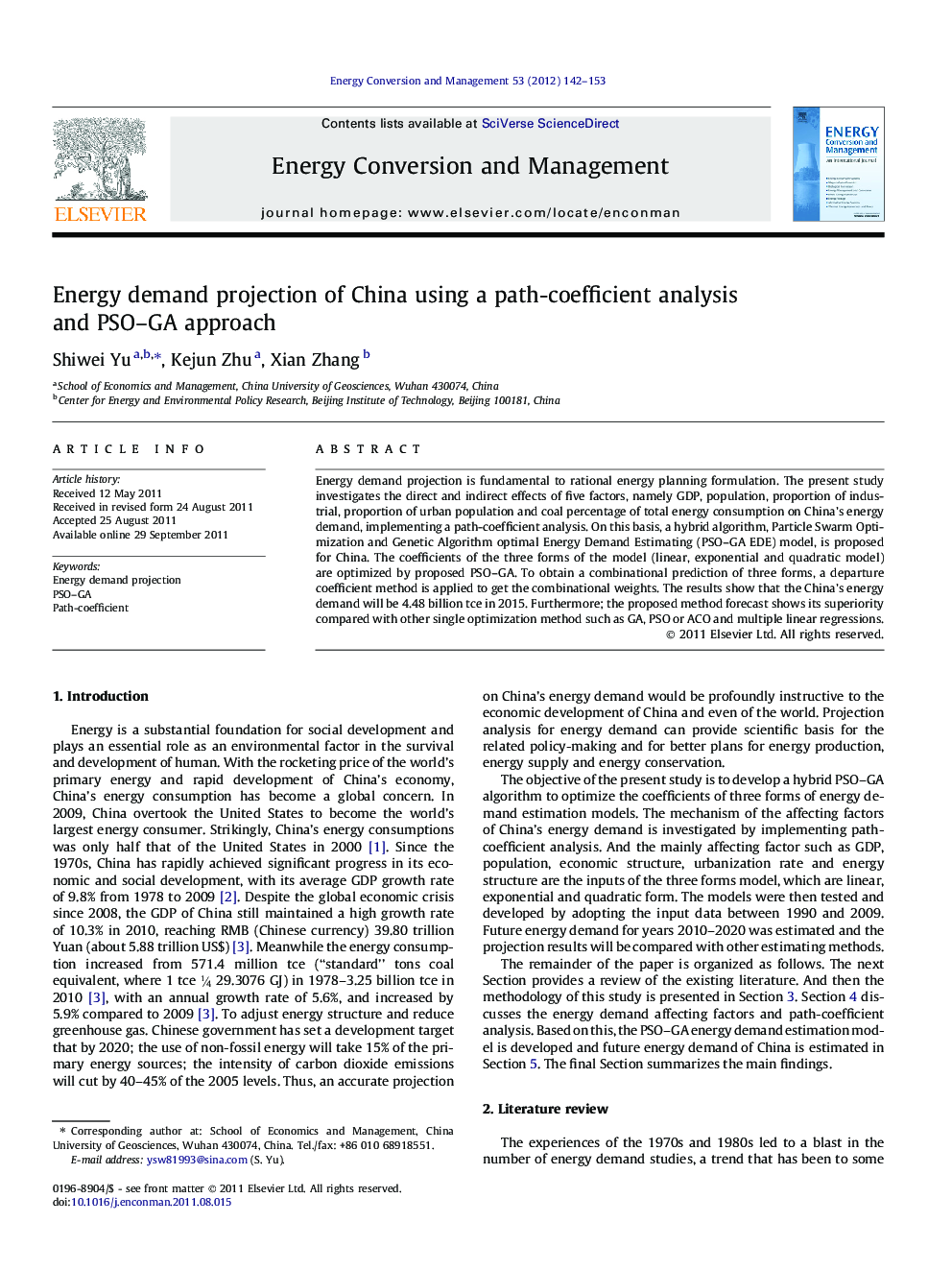 Energy demand projection of China using a path-coefficient analysis and PSO–GA approach
