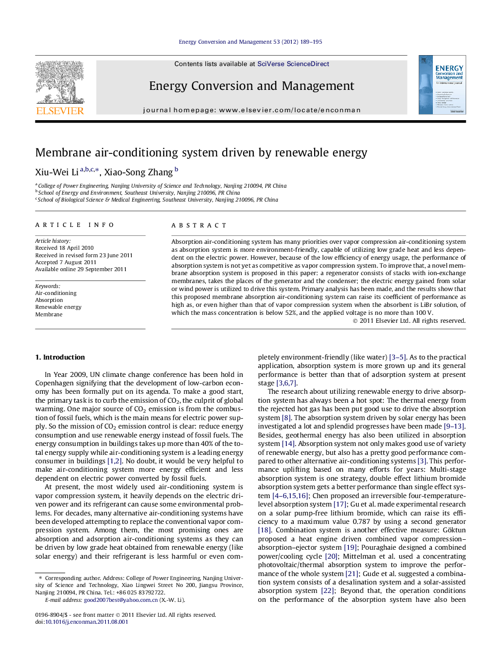 Membrane air-conditioning system driven by renewable energy