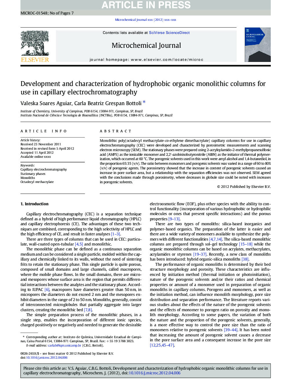 Development and characterization of hydrophobic organic monolithic columns for use in capillary electrochromatography