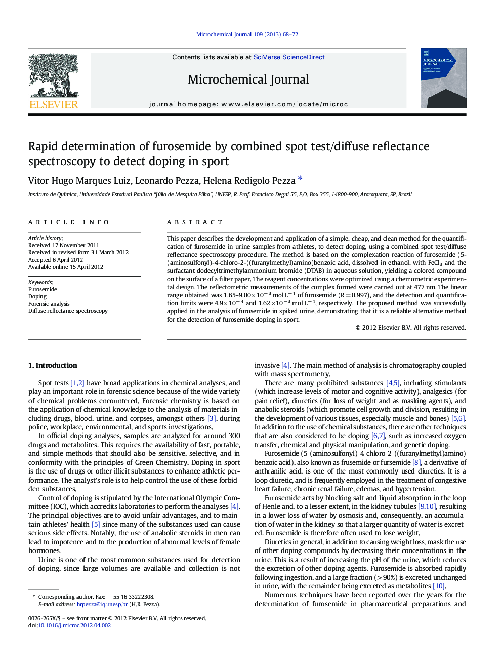 Rapid determination of furosemide by combined spot test/diffuse reflectance spectroscopy to detect doping in sport