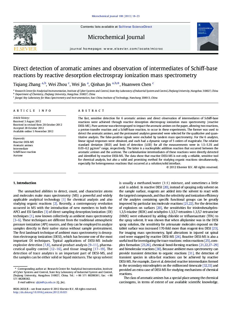 Direct detection of aromatic amines and observation of intermediates of Schiff-base reactions by reactive desorption electrospray ionization mass spectrometry