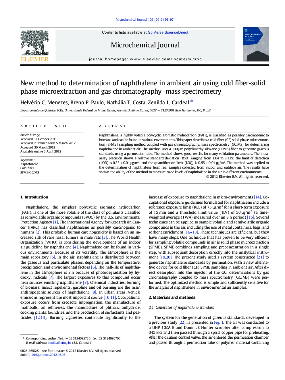 New method to determination of naphthalene in ambient air using cold fiber-solid phase microextraction and gas chromatography-mass spectrometry