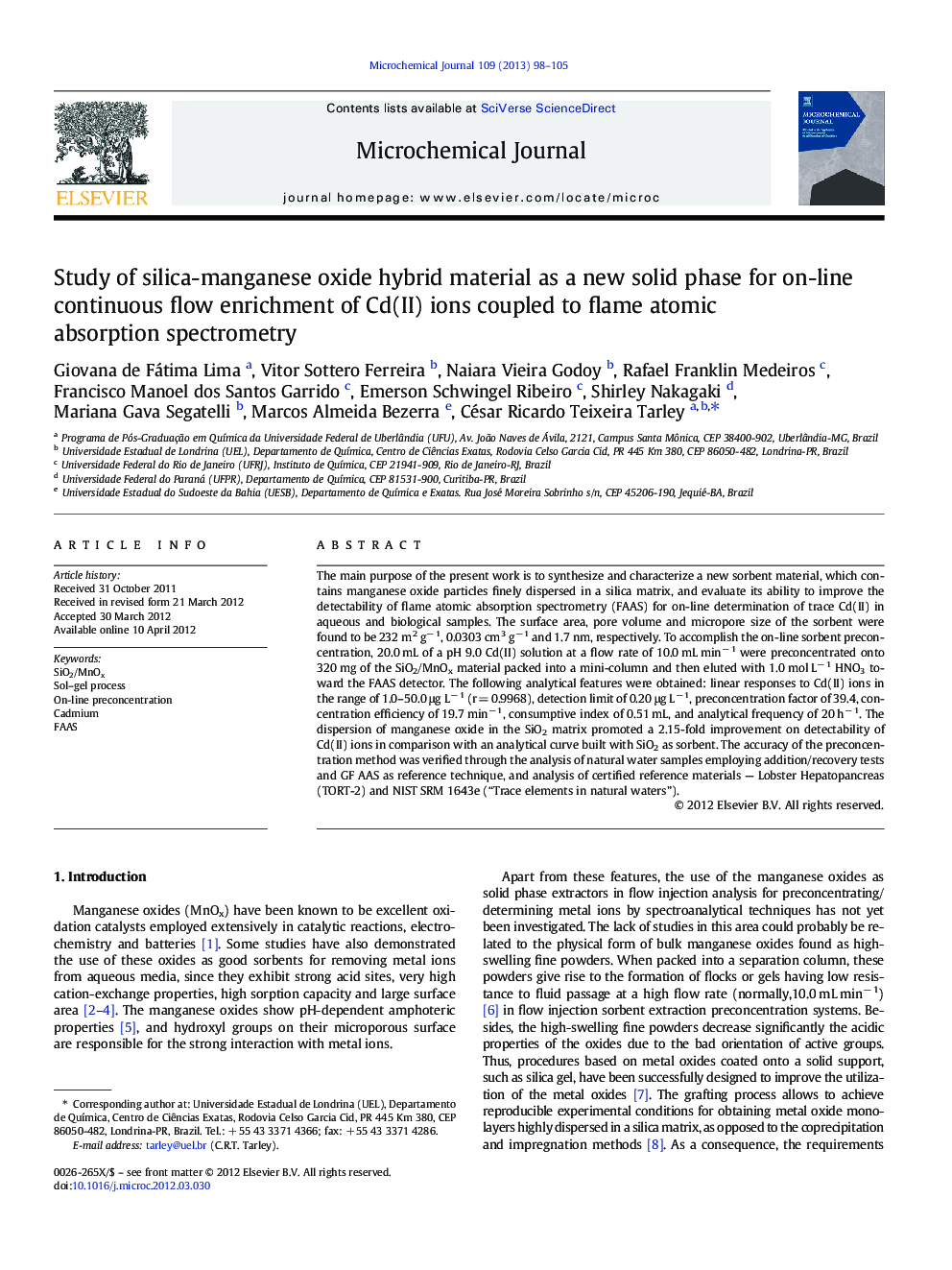 Study of silica-manganese oxide hybrid material as a new solid phase for on-line continuous flow enrichment of Cd(II) ions coupled to flame atomic absorption spectrometry