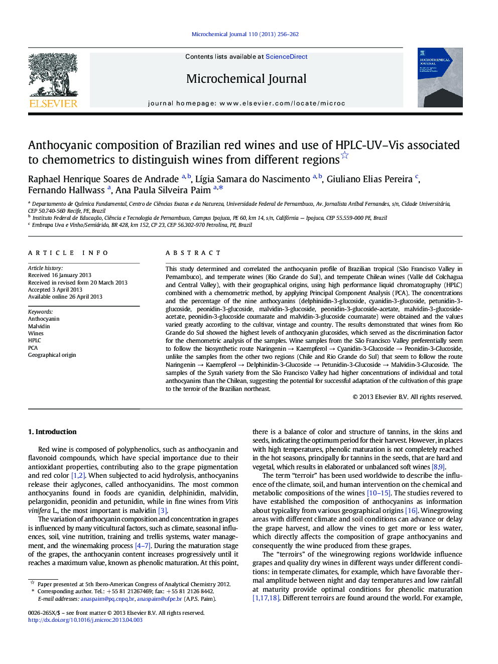 Anthocyanic composition of Brazilian red wines and use of HPLC-UV-Vis associated to chemometrics to distinguish wines from different regions