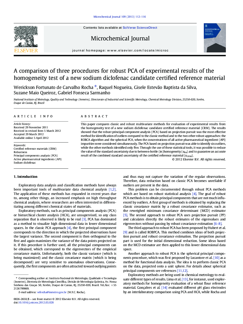 A comparison of three procedures for robust PCA of experimental results of the homogeneity test of a new sodium diclofenac candidate certified reference material