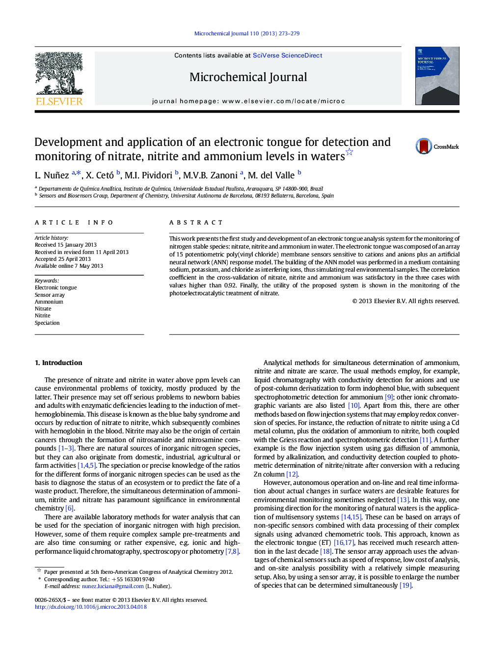 Development and application of an electronic tongue for detection and monitoring of nitrate, nitrite and ammonium levels in waters