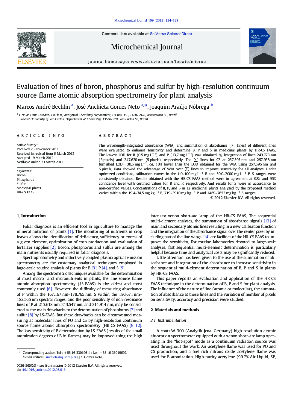 Evaluation of lines of boron, phosphorus and sulfur by high-resolution continuum source flame atomic absorption spectrometry for plant analysis