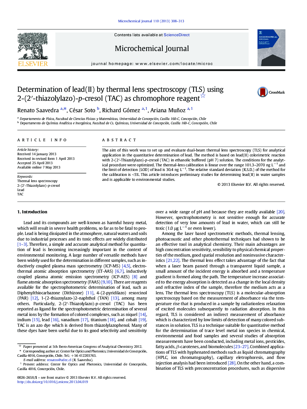 Determination of lead(II) by thermal lens spectroscopy (TLS) using 2-(2â²-thiazolylazo)-p-cresol (TAC) as chromophore reagent