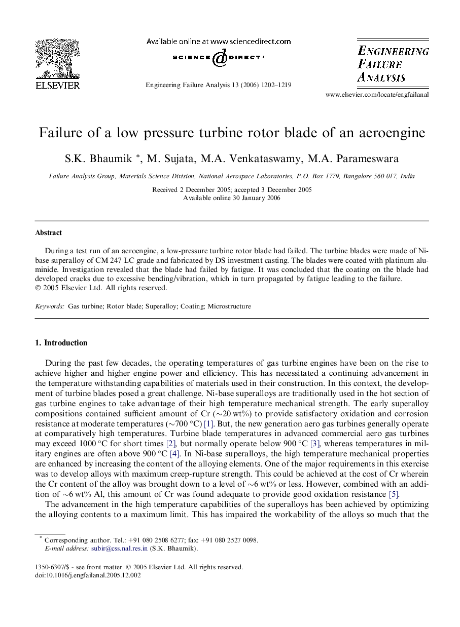 Failure of a low pressure turbine rotor blade of an aeroengine