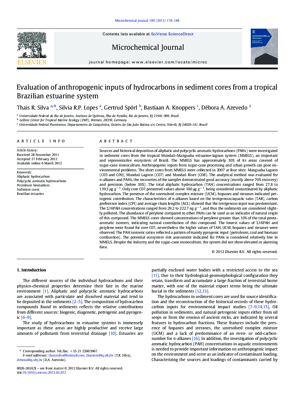 Evaluation of anthropogenic inputs of hydrocarbons in sediment cores from a tropical Brazilian estuarine system