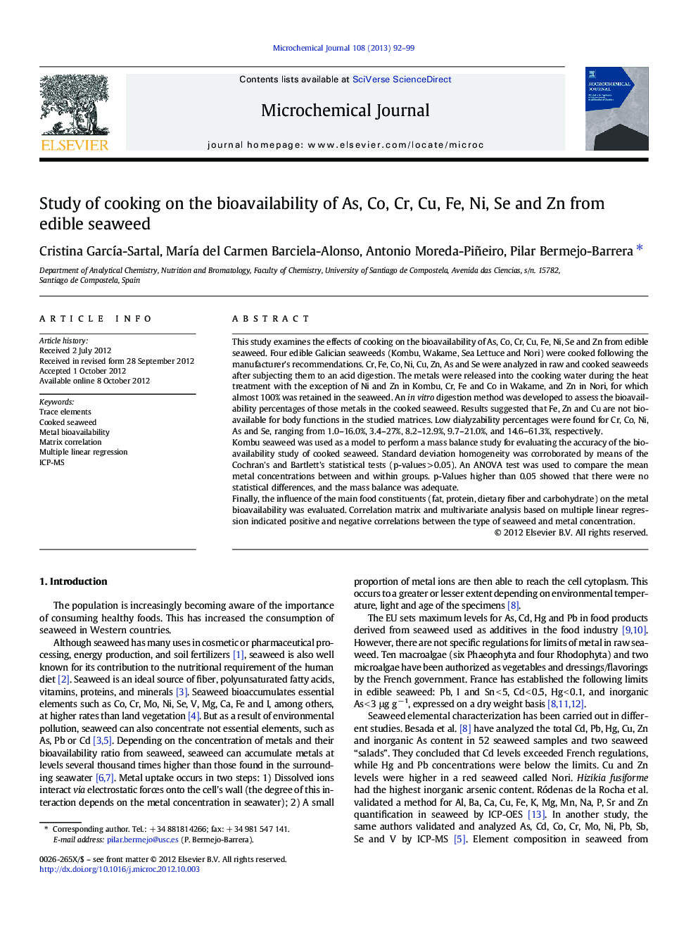 Study of cooking on the bioavailability of As, Co, Cr, Cu, Fe, Ni, Se and Zn from edible seaweed