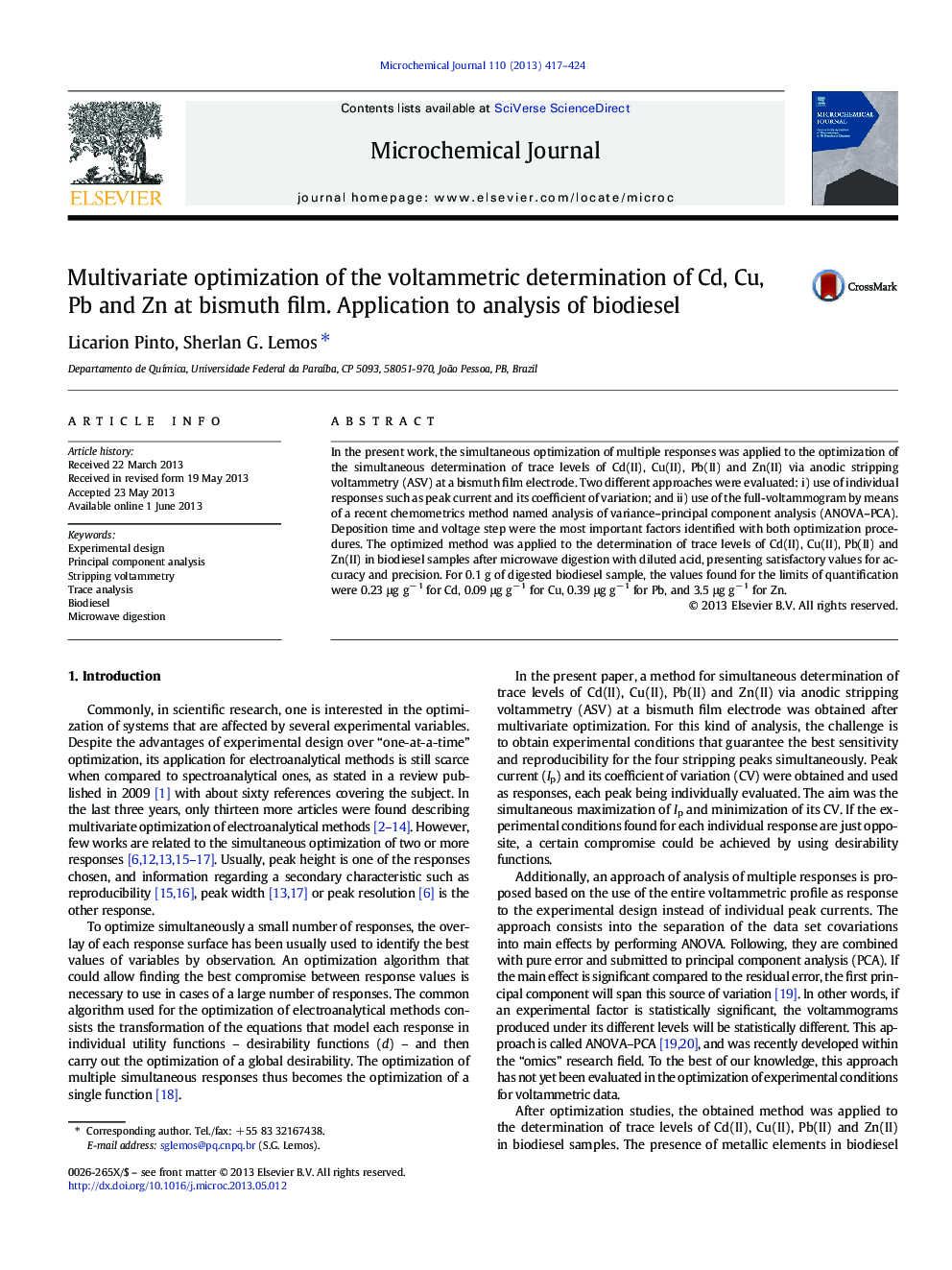 Multivariate optimization of the voltammetric determination of Cd, Cu, Pb and Zn at bismuth film. Application to analysis of biodiesel