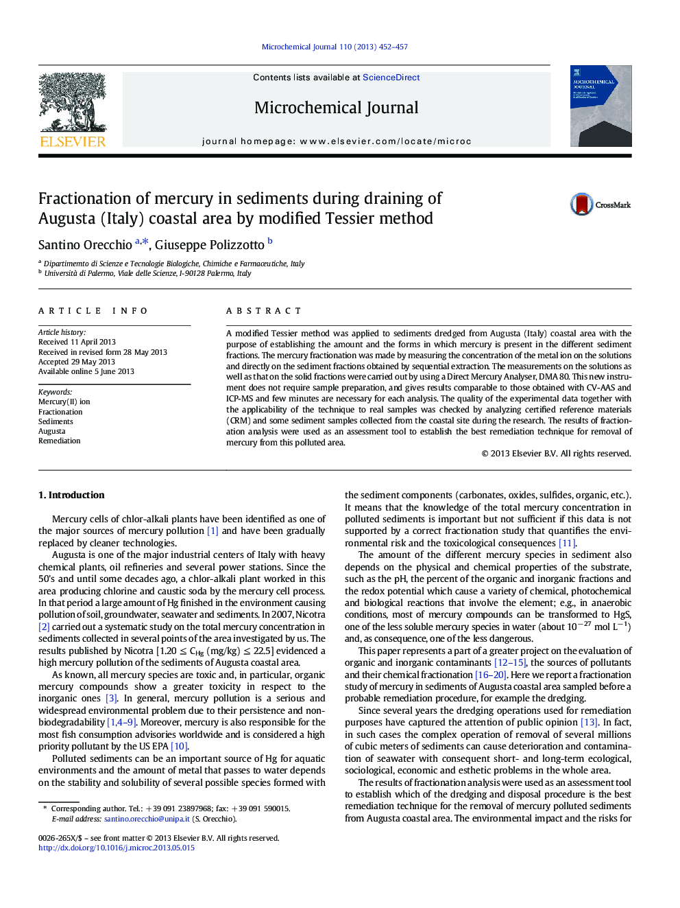 Fractionation of mercury in sediments during draining of Augusta (Italy) coastal area by modified Tessier method