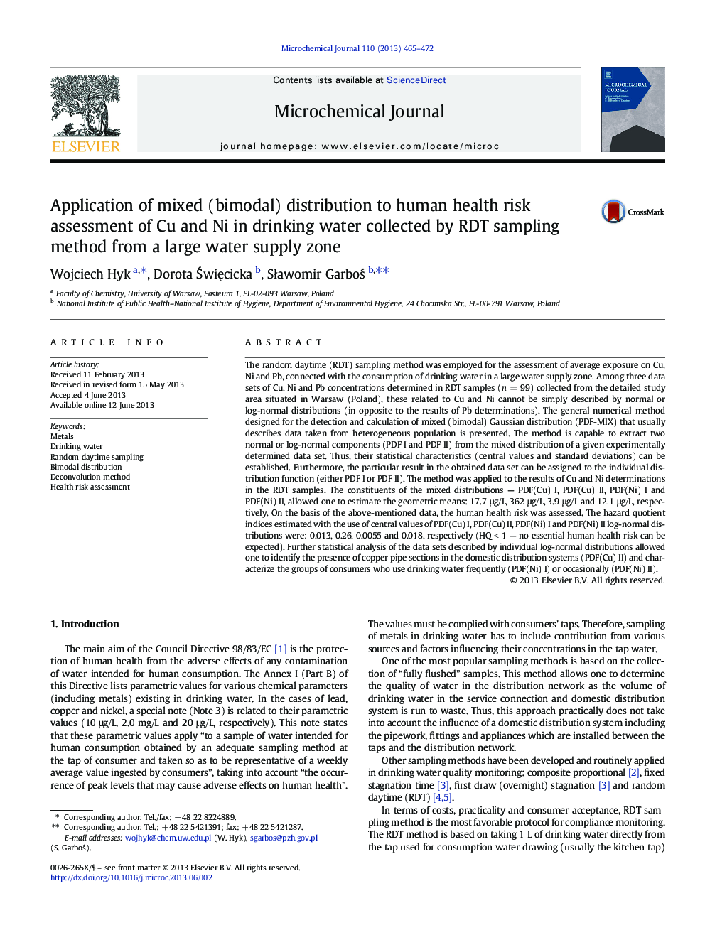 Application of mixed (bimodal) distribution to human health risk assessment of Cu and Ni in drinking water collected by RDT sampling method from a large water supply zone