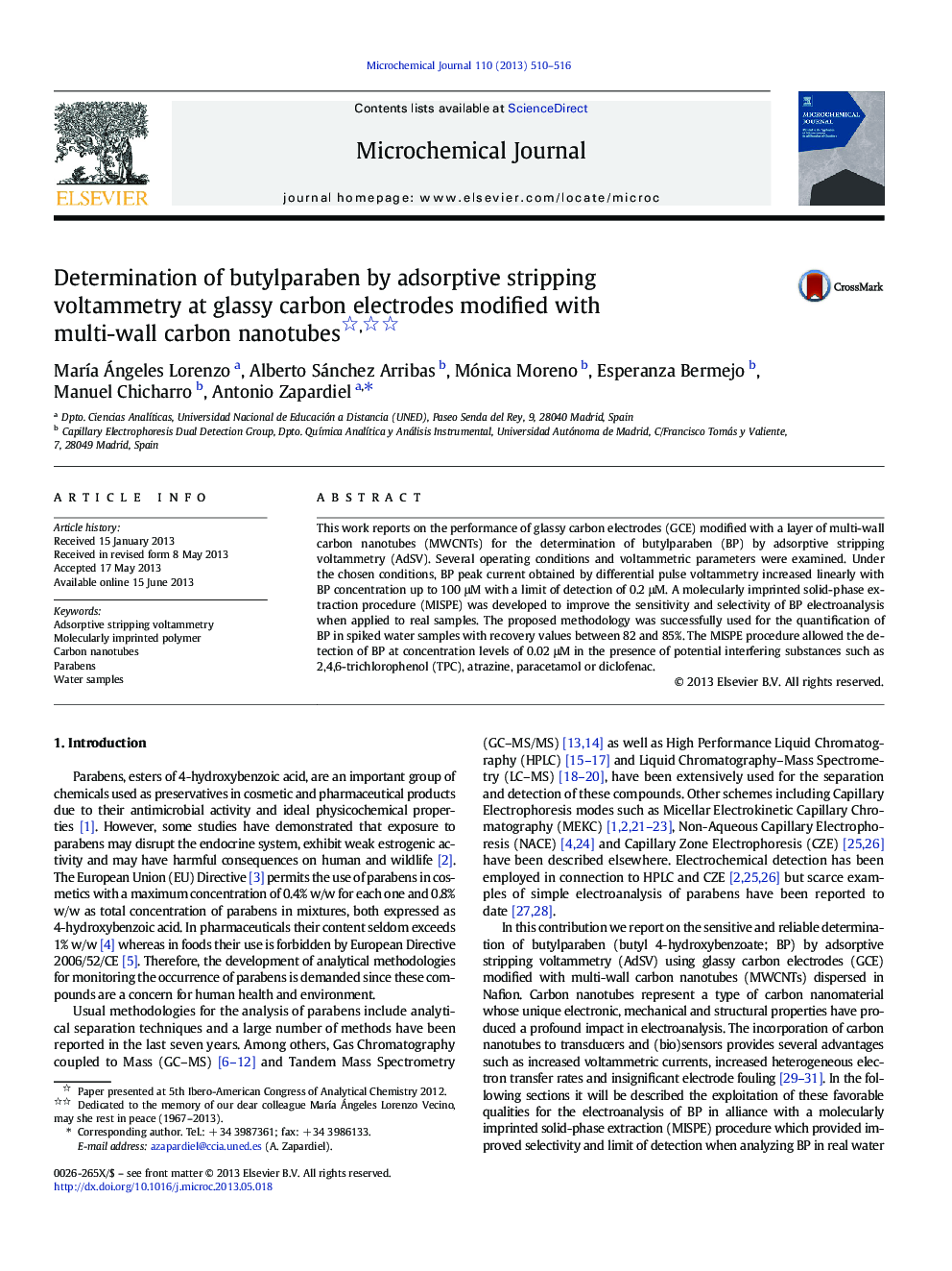 Determination of butylparaben by adsorptive stripping voltammetry at glassy carbon electrodes modified with multi-wall carbon nanotubes